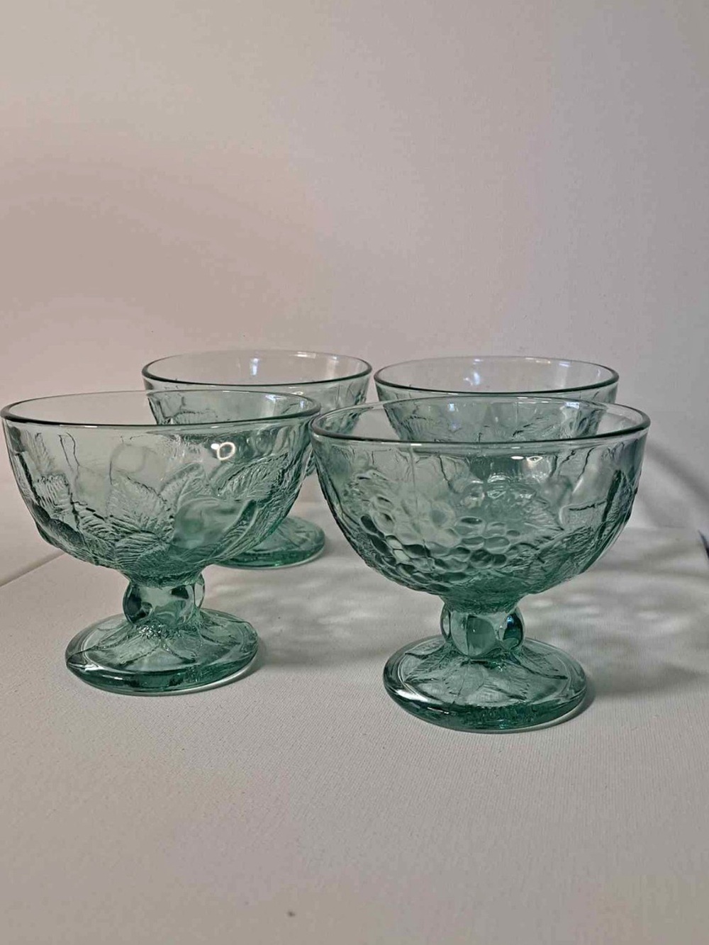 Vintage Pasabahce Set of 4 Mint Green Glass Footed Dessert Bowls - Signed